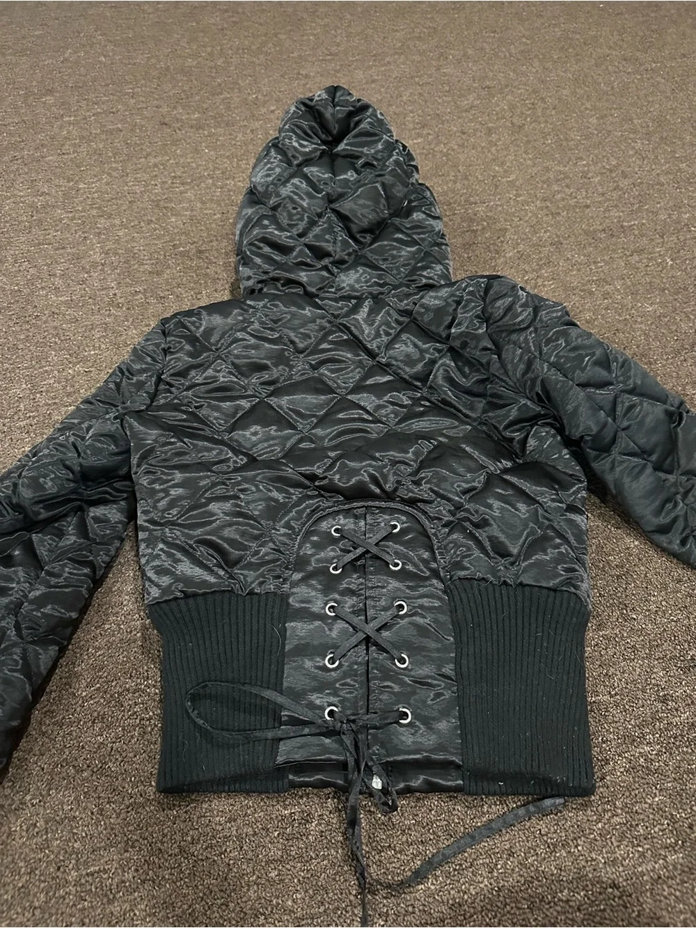 2B Bebe Black Quilted Fur-Trim Hooded Bomber